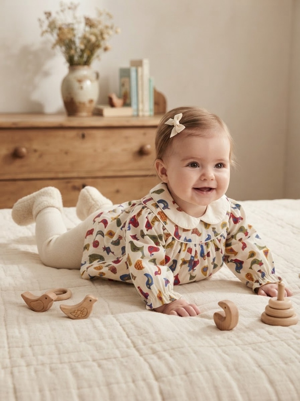 Fawn London Folk Bird Print Smock Top Long Sleeve Peter Pan Collar Blouse 0-3M